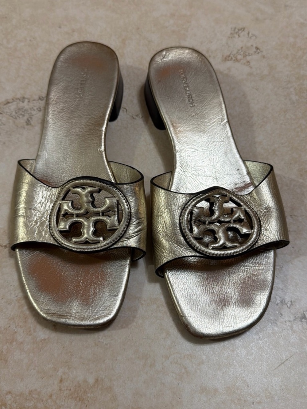 Tory Burch Metallic Gold Logo Slide Mules
